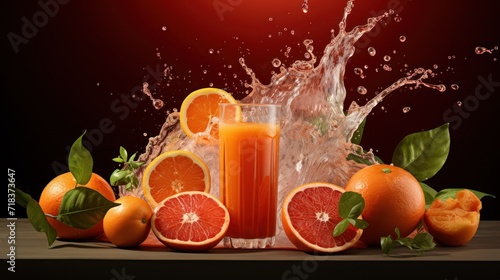  a group of oranges and a glass of orange juice with a splash of water on the top of them.