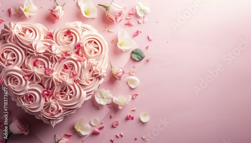 Valentine's Day flatlay pink background for text with white and pink cake and flowers. Product mockup scene creator. © Andrea