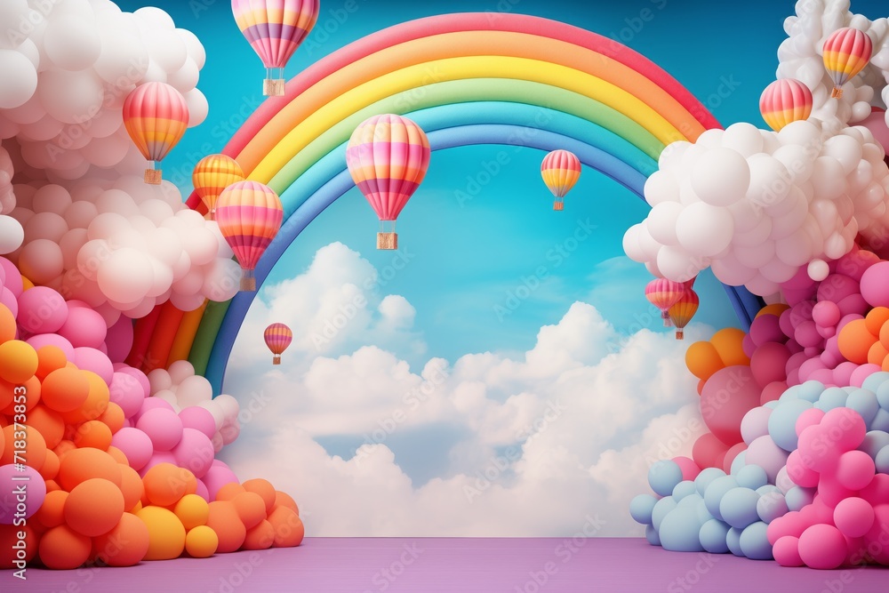 Rainbow Clouds, Balloons Set 3D Multi-Layered Collage Style, Minimalist Stage Designs, Vibrant, Array of Colors