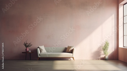  a living room with a couch, table, and potted plant in front of a window with a pink wall.