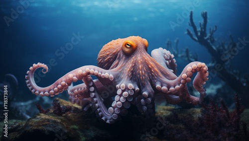Giant Squid in Ocean Depths, Colorful Underwater Scene with Vibrant Sea Life