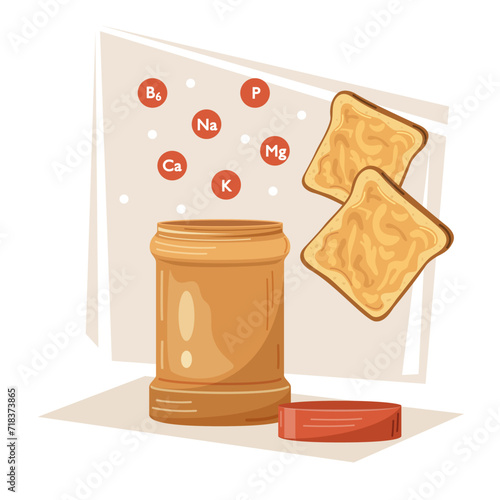 Vector illustration of an open jar of peanut butter and a peanut butter sandwich with micronutrients. Breakfast illustration, morning food. Sweet spread, tasty snack, nutty brown cream.