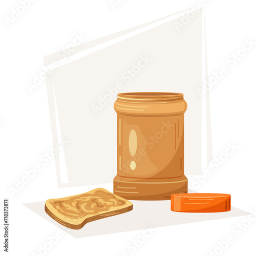 Vector illustration of an open jar of peanut butter and a peanut butter sandwich. Illustration of breakfast, food. Sweet spread, tasty snack, nutty brown cream.