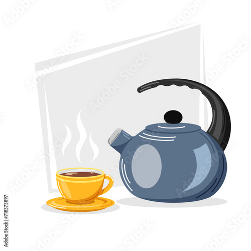 Vector illustration of a blue teapot with a yellow cup of hot drink. Illustration of breakfast, food, drinks. Kitchenware. Equipment for preparing aromatic drinks.