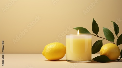  a glass of lemon juice next to two lemons with a green leaf on the side of the glass and a candle on the other side of the glass.