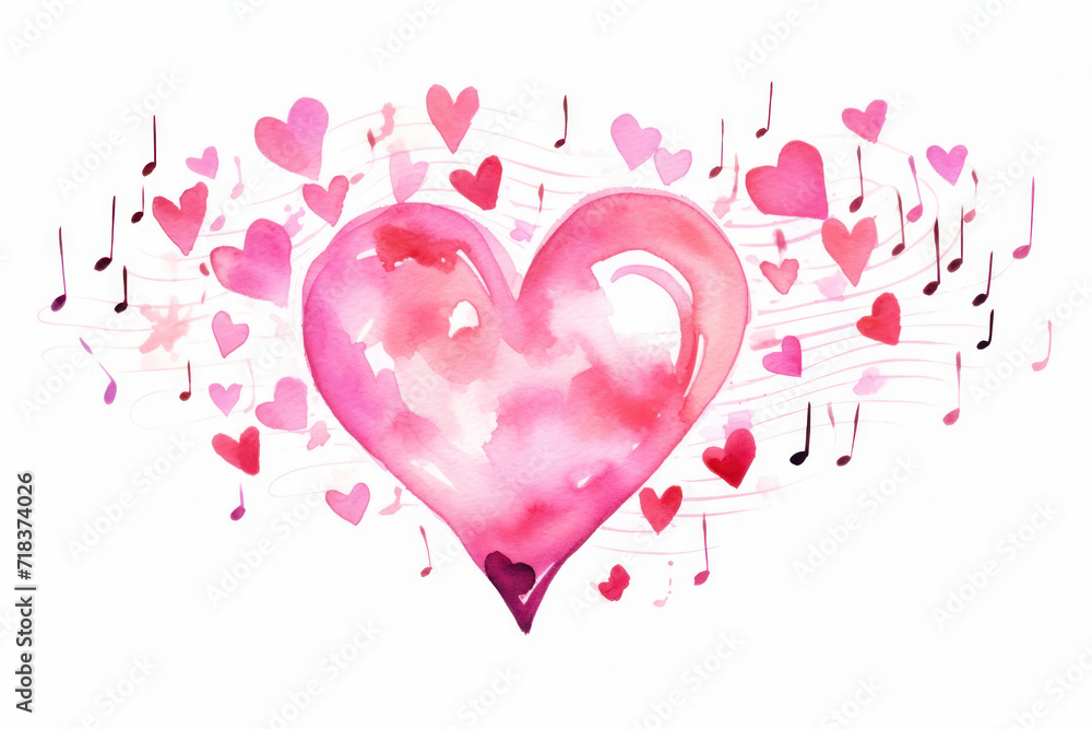 Musical notes in pink on the theme of love, Valentine's Day. Watercolor illustration. White background