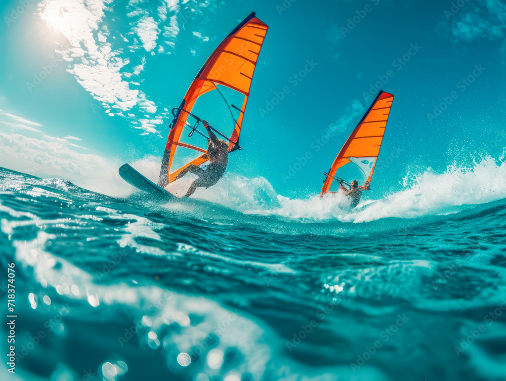 Two windsurfers ride the waves on a sunny summer day Two windsurfers ride the waves on a sunny summer day