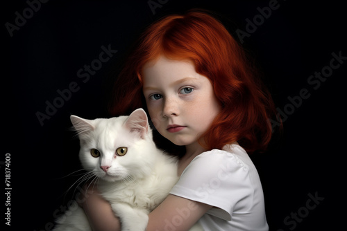 Red-Haired Girl with freckles hugs a  white cat. Feeling of love and friendship