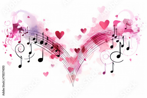 Musical notes in pink on the theme of love, Valentine's Day. Watercolor illustration. White background