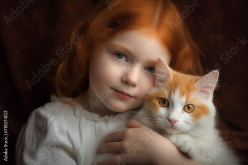Red-Haired Girl  hugs a  white cat. Feeling of love and friendship