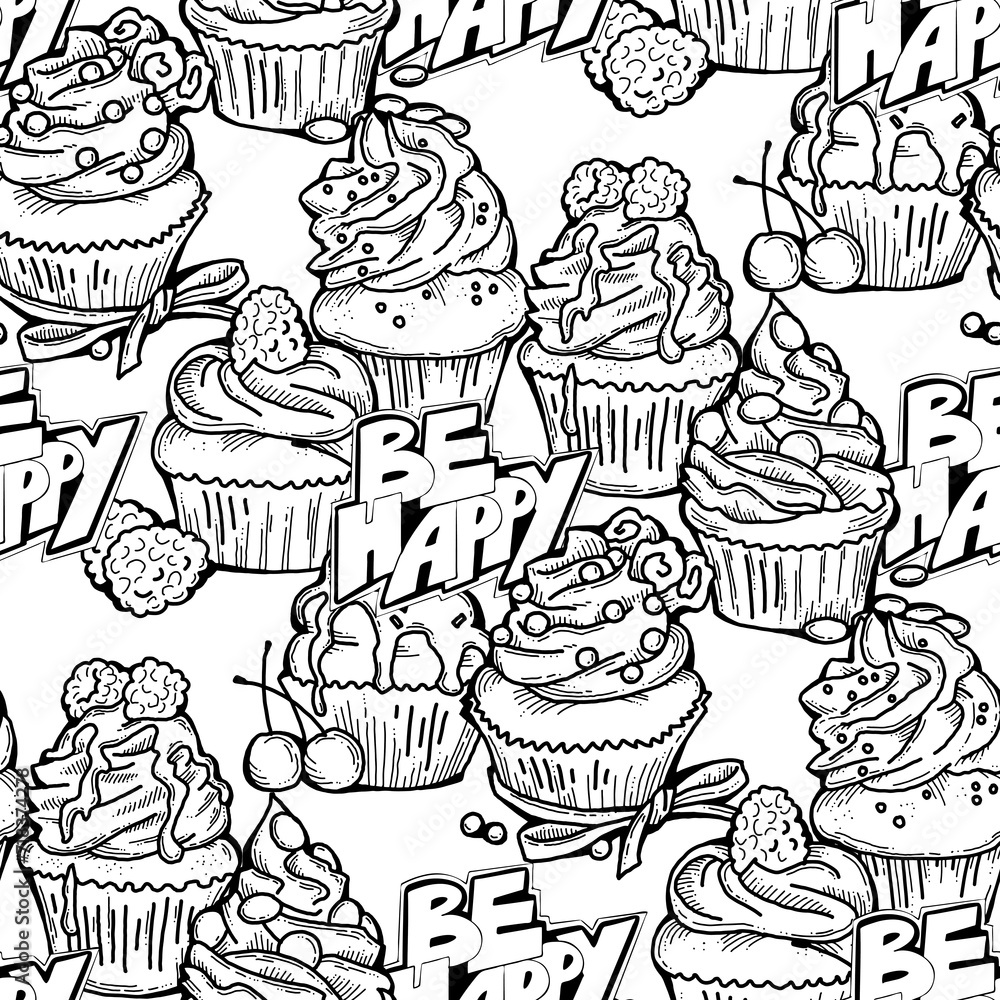 Tasty sweet cupcake dessert decorative seamless pattern for textile design, fabric print, digital or wrapping paper, wallpaper, background and backdrop, bakery shop decoration, cafe, restaurant menu. Tasty sweet cupcake dessert decorative seamless pattern for textile design, fabric print, digital or wrapping paper, wallpaper, background and backdrop, bakery shop decoration, cafe, restaurant menu.
