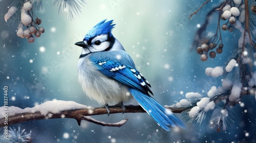  a blue bird sitting on top of a tree branch in a snow covered forest filled with pine cones and berries. © Olga