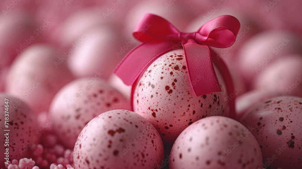 Festive Speckled Easter Eggs with Bold Pink Bow on Pink Eggs Background