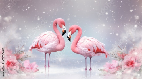  a couple of pink flamingos standing next to each other on a snow covered ground in front of pink flowers.
