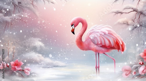  a painting of a pink flamingo standing in the snow with pink flowers in the foreground and a pink sky in the background. © Olga