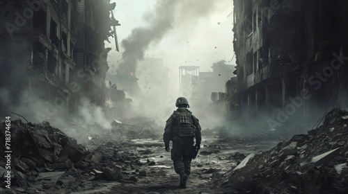 Foto soldier with backpack and helmet on his back in a destroyed city
