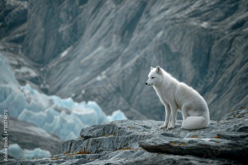 White arctic fox sits on a rocky cliff with a glacier behind it