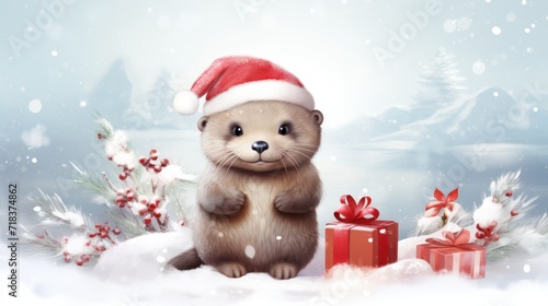  a small otter wearing a santa hat and holding a red gift box in the snow with a christmas tree in the background. © Olga
