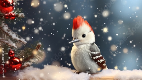  a white and red bird sitting on top of a wooden table next to a christmas tree with red baubs.