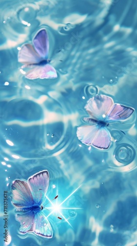 Close-up view blue twinkling butterflies on water.