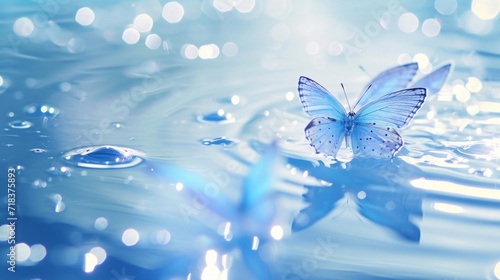 Close-up view blue twinkling butterflies on water. © Absent Satu