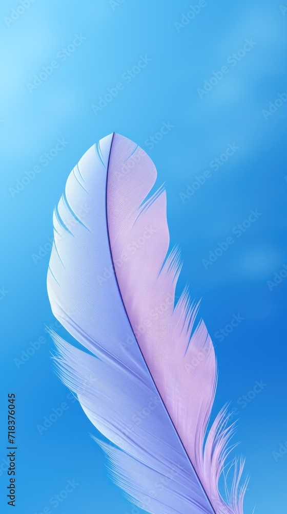  a close up of a pink and white feather on a blue background with a blurry sky in the background.