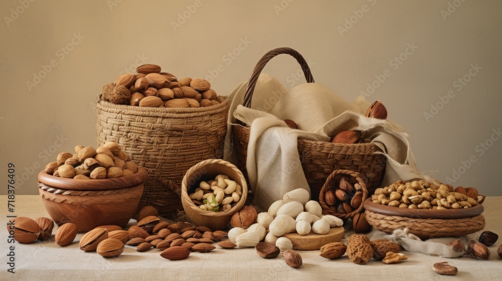 a variety of nuts and nutshells sitting on a table next to a basket of nuts and a towel. a variety of nuts and nutshells sitting on a table next to a basket of nuts and a towel.