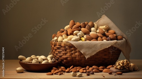  a basket full of nuts sitting on top of a table next to a bowl of nuts and a wooden spoon.
