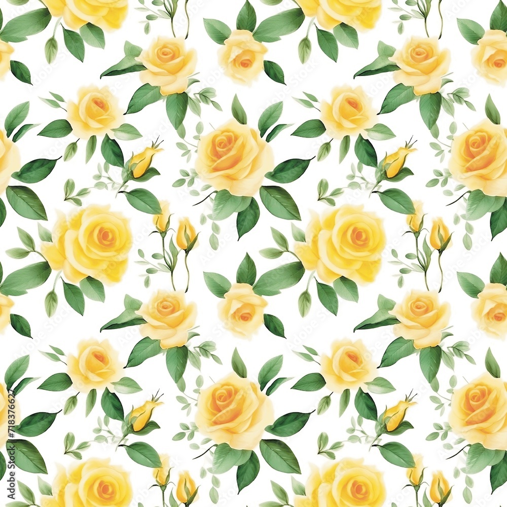 seamless floral pattern Yellow rose with green leaves, watercolor, seamless fabric pattern, cute ring Classic, textile, polka dots, prints, theoretical, beautiful, pleasing to the eye, beautiful,