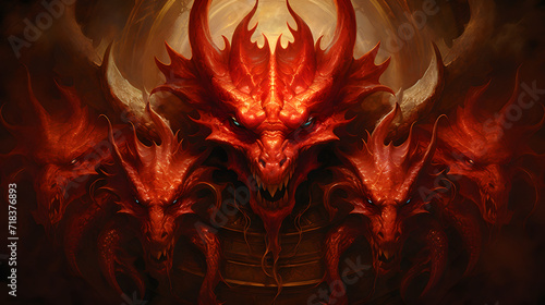 enormous red dragon with seven heads, ten horns, and seven crowns on his head. His tail swept a third of the stars out of the sky and flung them to the earth. photo