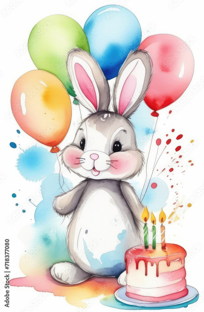 cute bunny holding colorful balloons with cake and candles, birthday watercolor greeting card. cute bunny holding colorful balloons with cake and candles, birthday watercolor greeting card.
