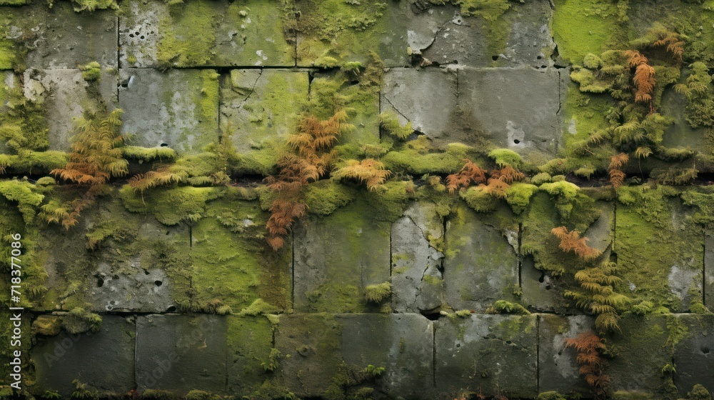  a wall covered in moss and lichen next to a parking meter in front of a parking meter on the side of a road.