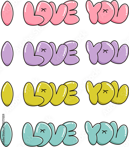 Set of png bubble groovy sticker vector phrase I Love You text illustration on white isolated background. Modern groovy Valentines day outline bubble type. Pink, purple, green and blue color font