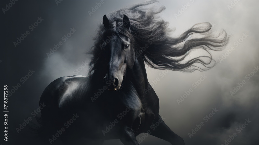  a black horse with a long mane running through the air in front of a dark sky with clouds in the background. - obrazy, fototapety, plakaty 