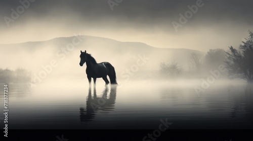  a horse standing in the middle of a body of water on a foggy day with mountains in the background.