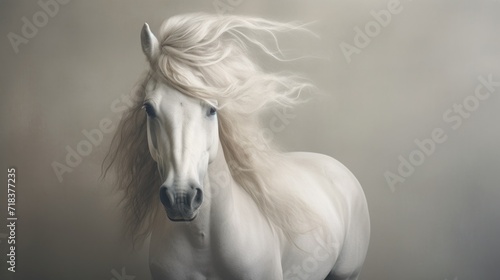  a white horse with a long mane standing in front of a gray background with a blurry image of it s head.