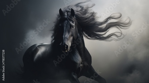  a black horse with a long mane running through the air in front of a dark sky with clouds in the background.