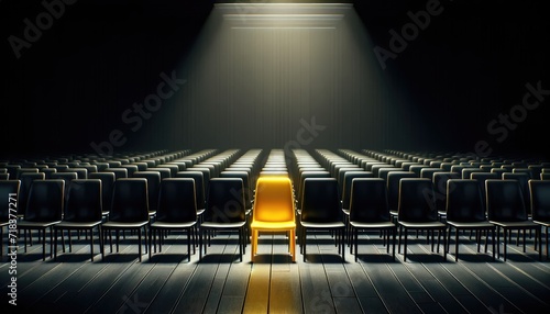 A single yellow chair stands illuminated by a spotlight in a dark, empty auditorium, creating a dramatic and focused scene.