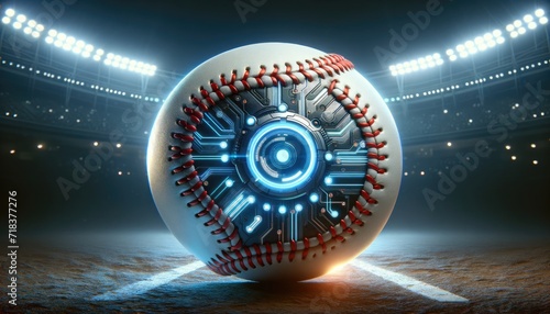 A conceptual image of a baseball infused with advanced holographic and circuit technology in a stadium setting. photo