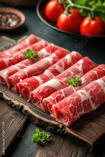 Sliced beef rolls arranged on a wooden table