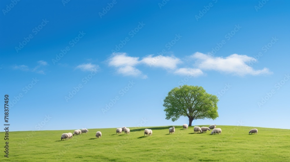  a herd of sheep grazing on a lush green hillside under a blue sky with a single tree in the foreground.