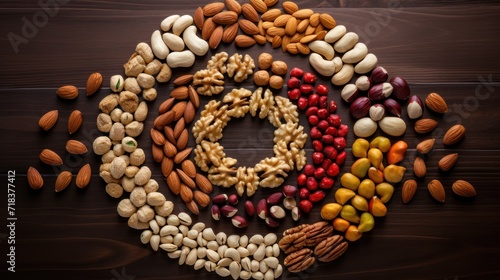  a variety of nuts arranged in the shape of a spiral on a wooden surface, including almonds, pistachios, and almonds.