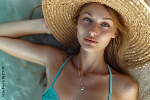 Girl in a stylish bikini, epitomizing seaside allure with grace and confidence. generative ai