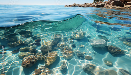 Underwater fish swim in the tranquil blue sea generated by AI