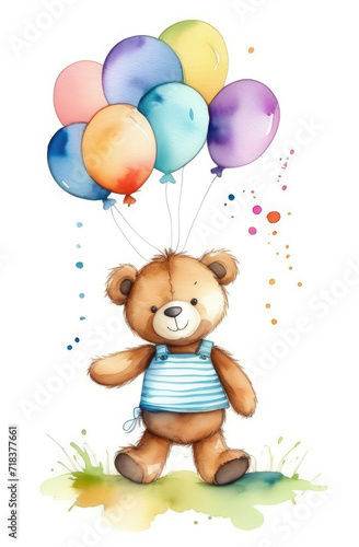 cute teddy bear toy holding colorful balloons, happy birthday watercolor greeting card.