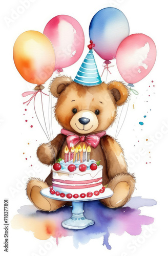 cute teddy bear holding colorful balloons with cake and candles, birthday watercolor greeting card.