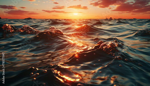 Sunset over water, waves reflecting the beauty of nature generated by AI