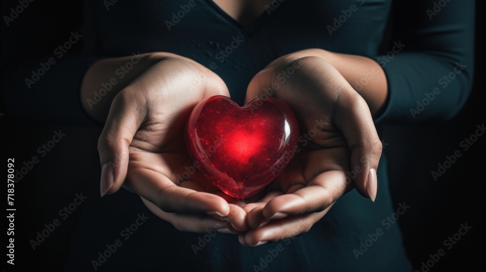a woman's hands holding a red heart in the palm of her cupped hands, against a black background. a woman's hands holding a red heart in the palm of her cupped hands, against a black background.