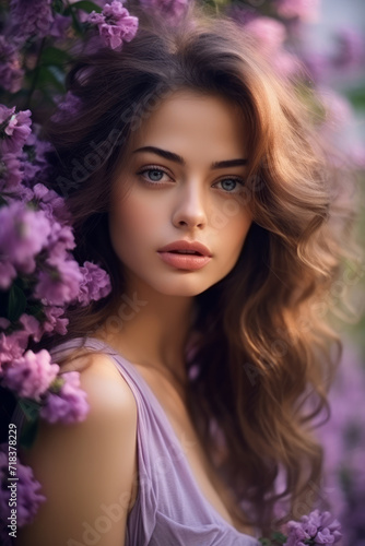 Serene young woman with wavy hair surrounded by blooming lilac flowers in gentle lighting. Woman Amidst Lilacs in Soft Light