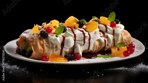  a white plate topped with a piece of cake covered in whipped cream, fruit and a drizzle of chocolate.